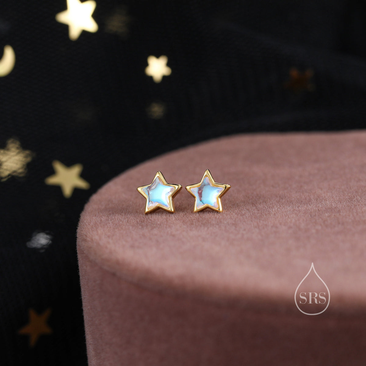 Moonstone Star Stud Earrings in Sterling Silver, Silver or Gold, Simulated Moonstone Star Hoops, Celestial Earrings, Star Earrings