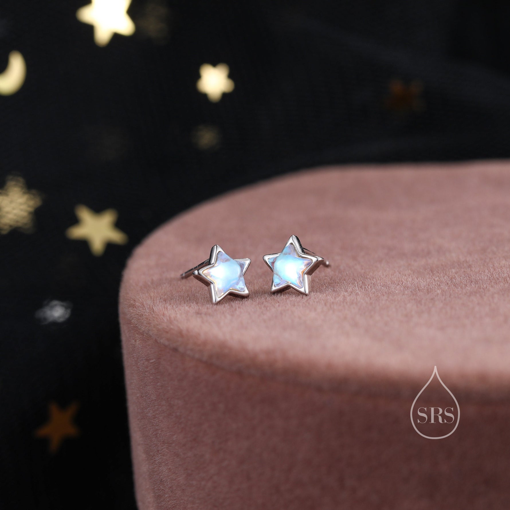 Moonstone Star Stud Earrings in Sterling Silver, Silver or Gold, Simulated Moonstone Star Hoops, Celestial Earrings, Star Earrings