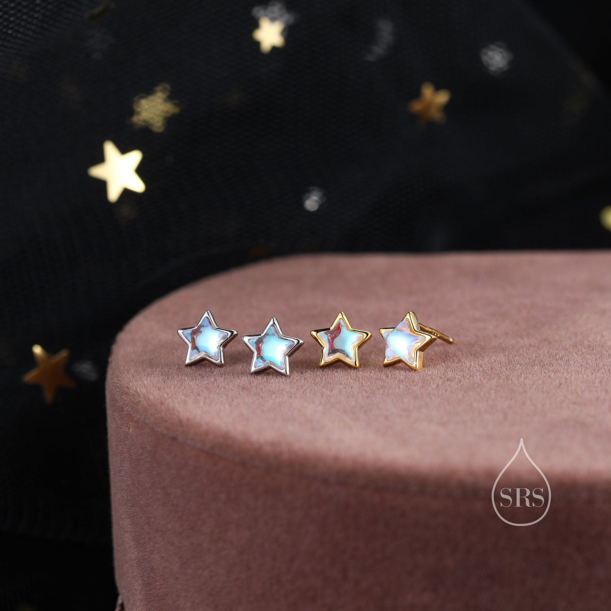 Moonstone Star Stud Earrings in Sterling Silver, Silver or Gold, Simulated Moonstone Star Hoops, Celestial Earrings, Star Earrings