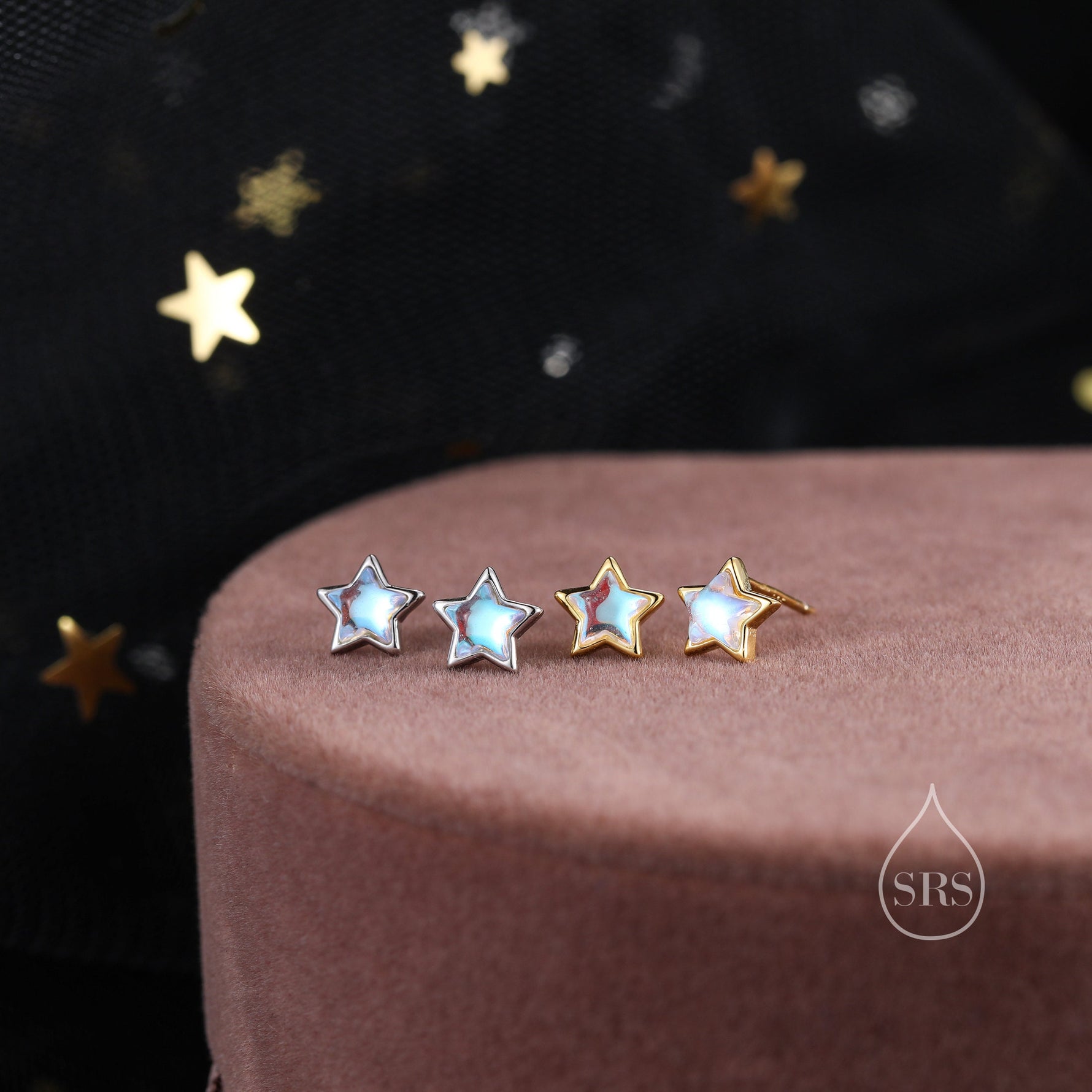 Moonstone Star Stud Earrings in Sterling Silver, Silver or Gold, Simulated Moonstone Star Hoops, Celestial Earrings, Star Earrings