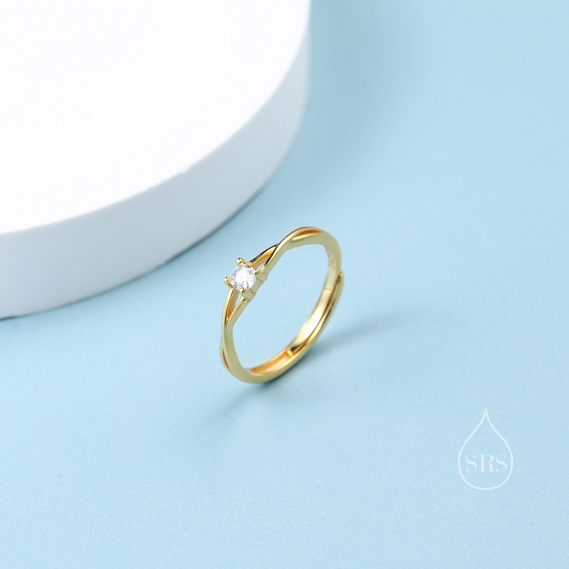 CZ Twist Ring in Sterling Silver, Adjustable Size, Silver or Gold, Emerald Green Ring, Minimalist Ring, Geometric Ring, Solid Silver Ring