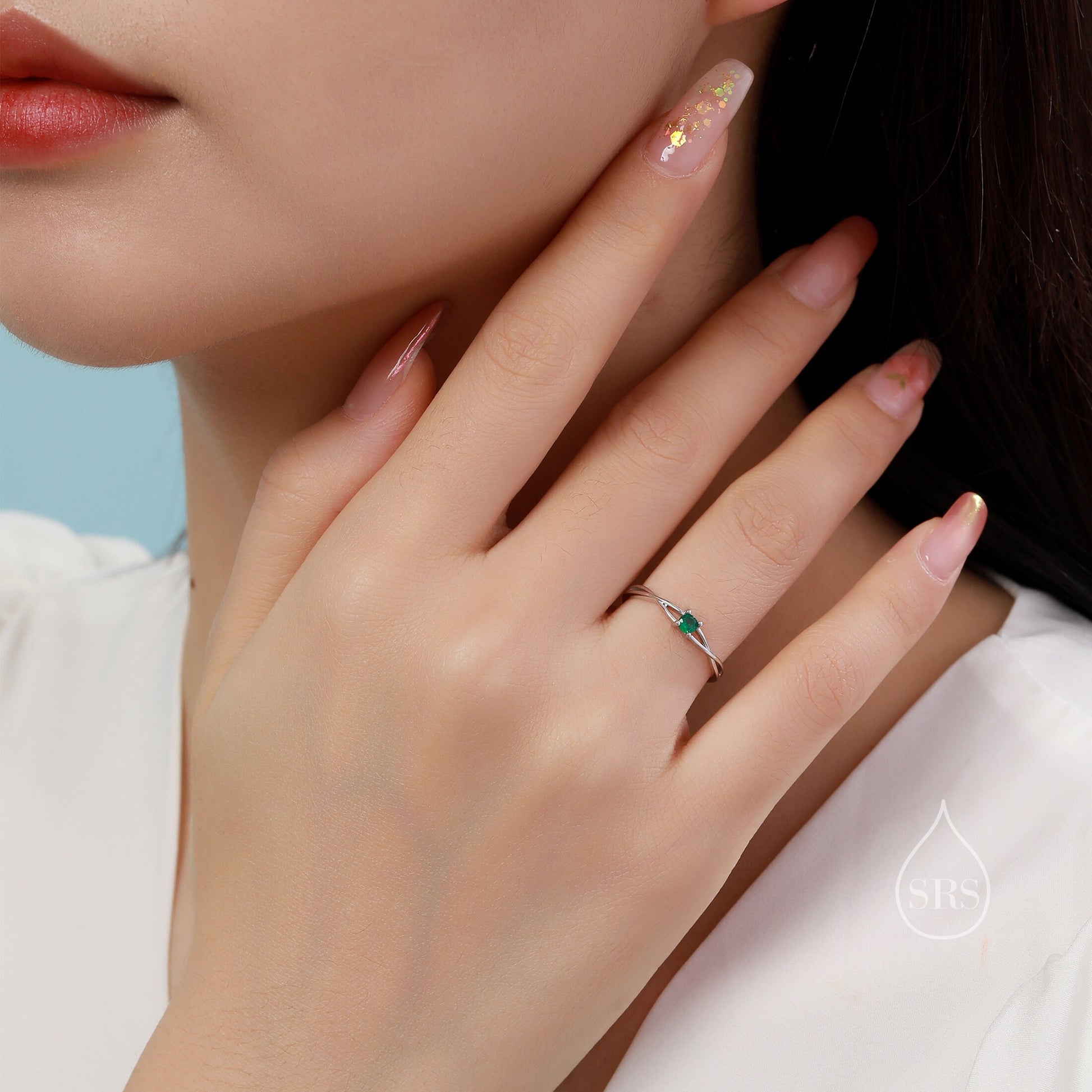 CZ Twist Ring in Sterling Silver, Adjustable Size, Silver or Gold, Emerald Green Ring, Minimalist Ring, Geometric Ring, Solid Silver Ring