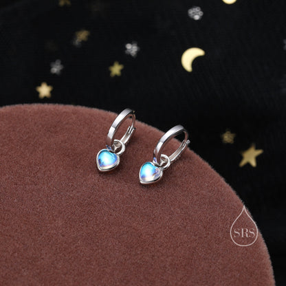 Moonstone Heart Dangle Huggie Hoop Earrings in Sterling Silver, Silver or Gold, Simulated Moonstone Heart Hoops, Detachable Hoops