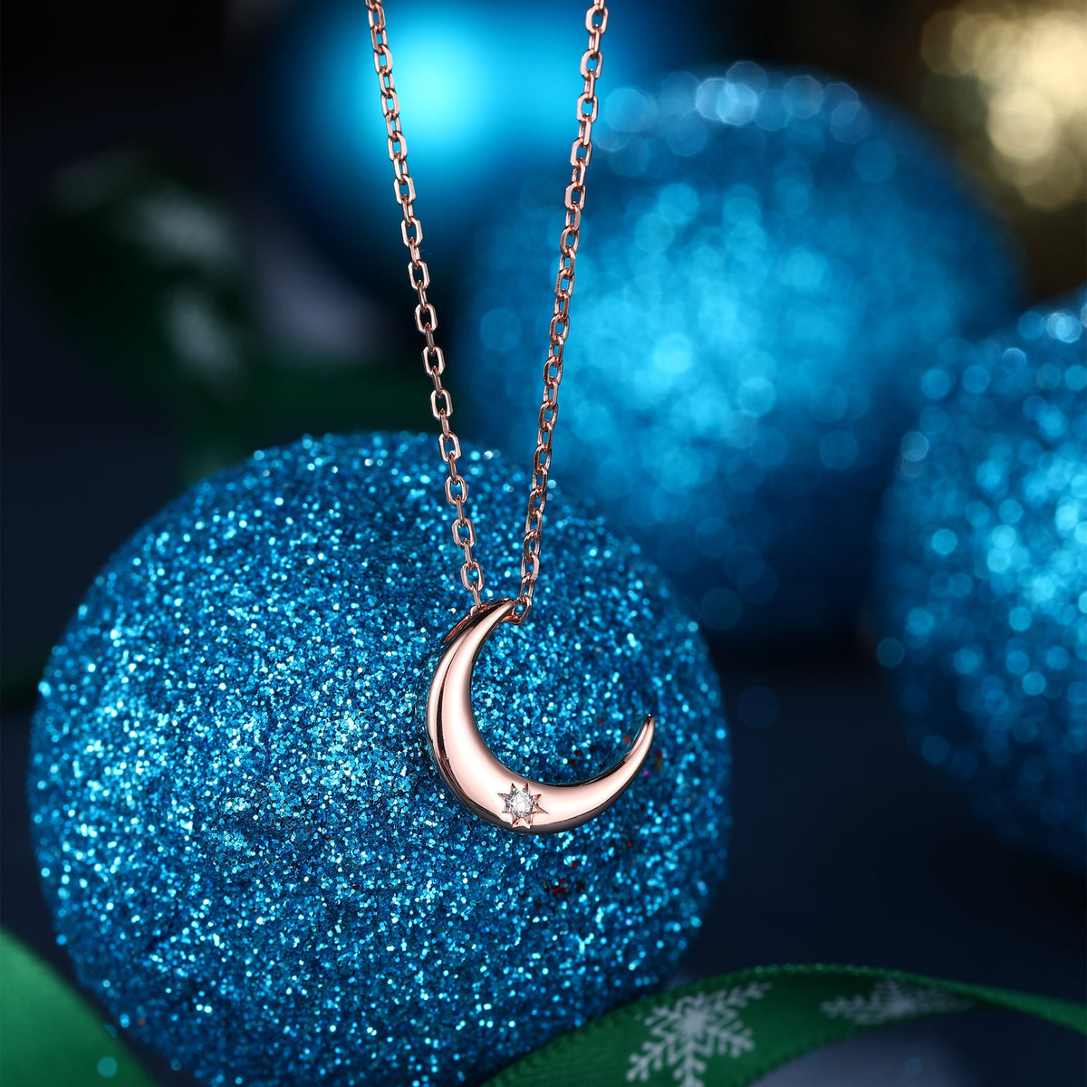Crescent Moon Starburst CZ Pendant Necklace