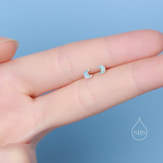 Extra Tiny Opal Moon Stud Earrings in Sterling Silver - Blue Opal or White Opal - Gold or Silver - New Moon Earrings - Petite Stud Earrings