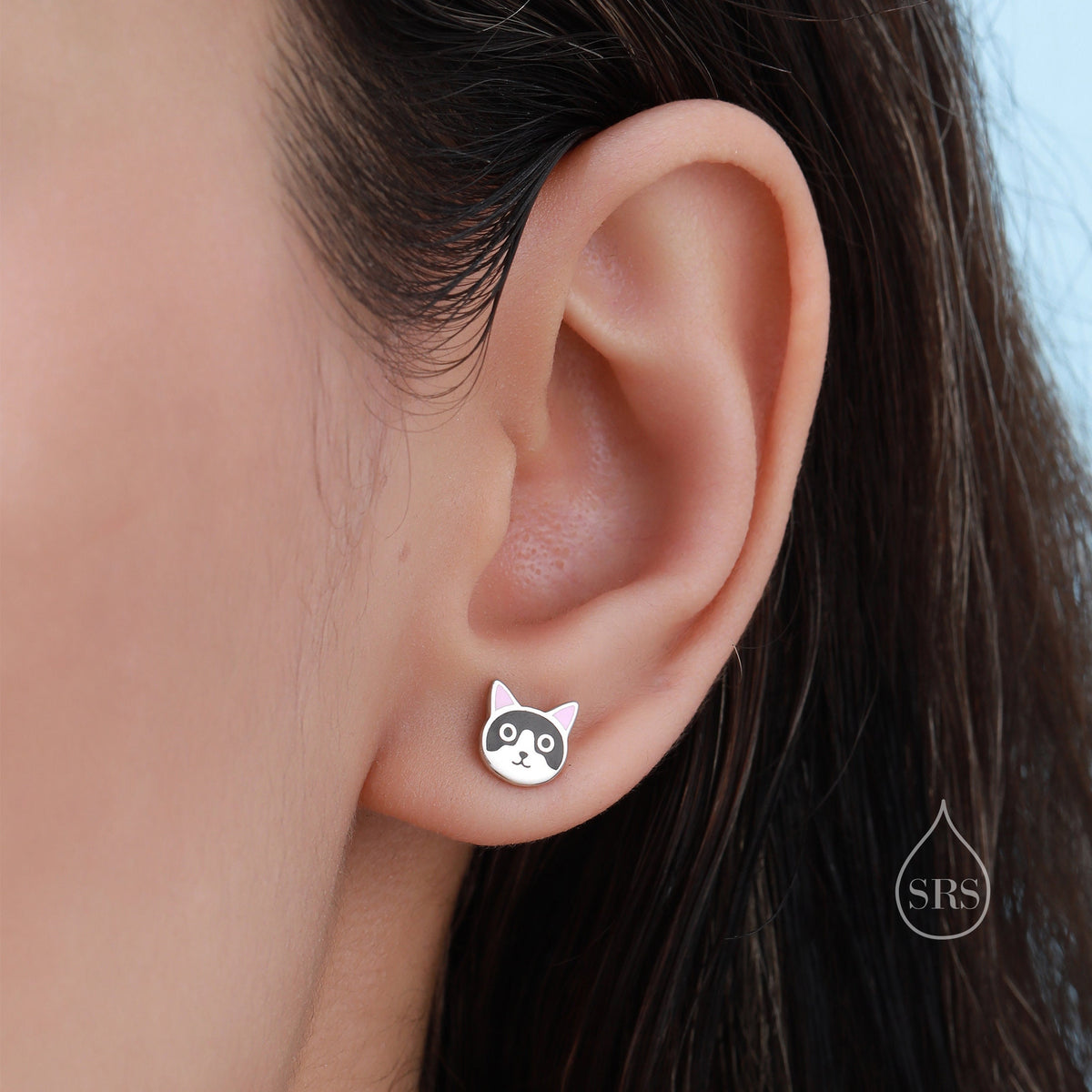 Sterling Silver Tuxedo Cat Enamel Stud Earrings, Silver Cat Earrings, Black and White Cat Earrings, Tiny Cat Stud, Cute Kitty Stud Earrings