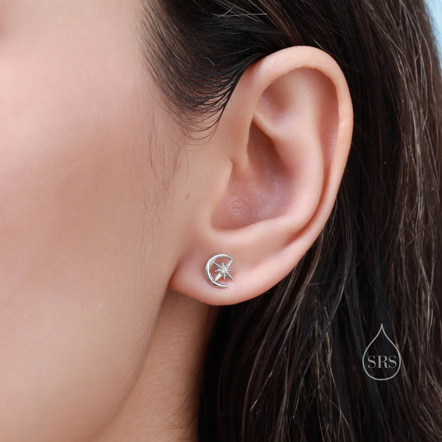 Delicate Moon and Star Stud Earrings in Sterling Silver, Silver, Gold or Rose Gold, Small Moon Earrings, Celestial Jewellery