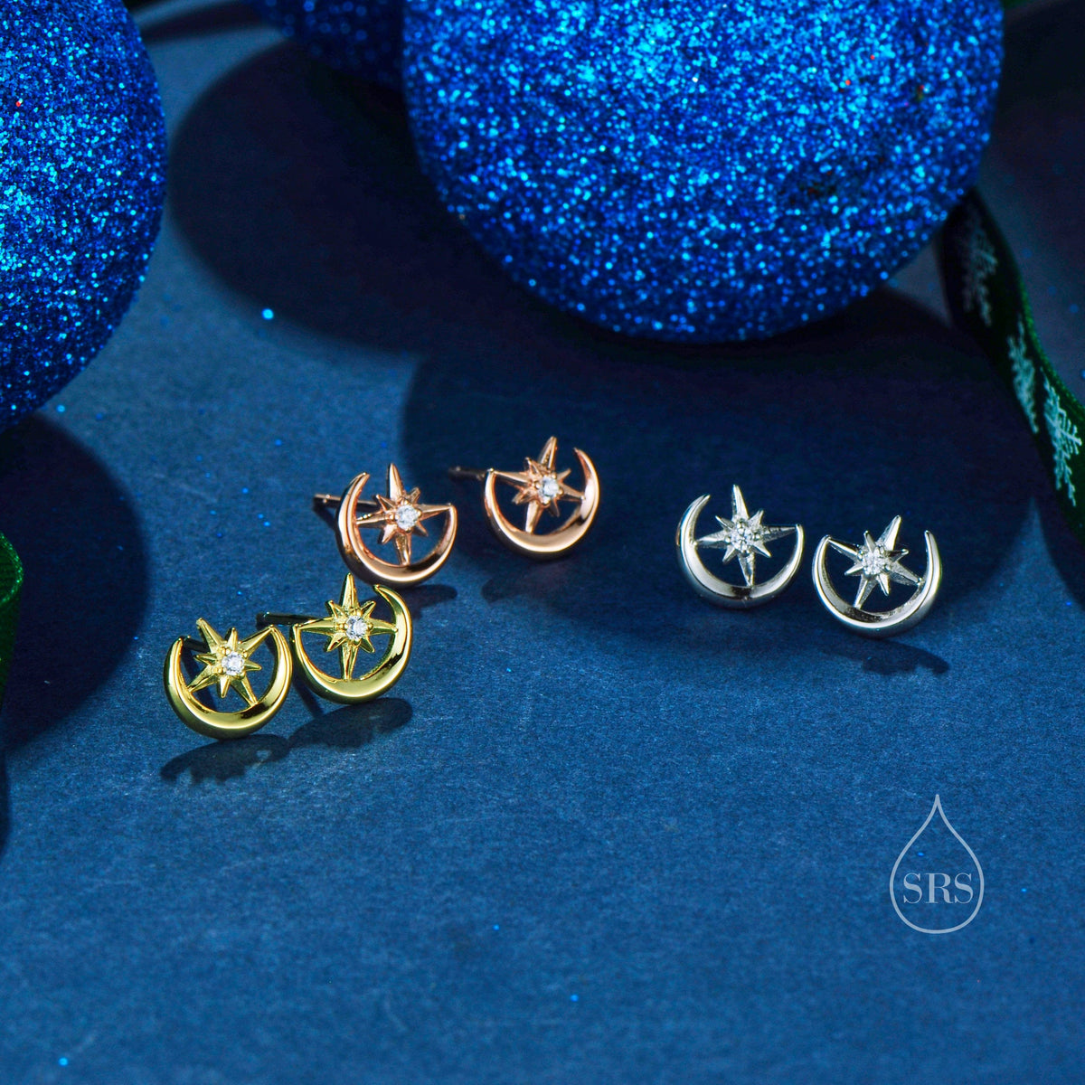 Delicate Moon and Star Stud Earrings in Sterling Silver, Silver, Gold or Rose Gold, Small Moon Earrings, Celestial Jewellery
