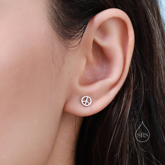 Tiny Peace Symbol Stud Earrings in Sterling Silver, Silver, Gold or Rose Gold, Small Peace Earrings, Love and Peace