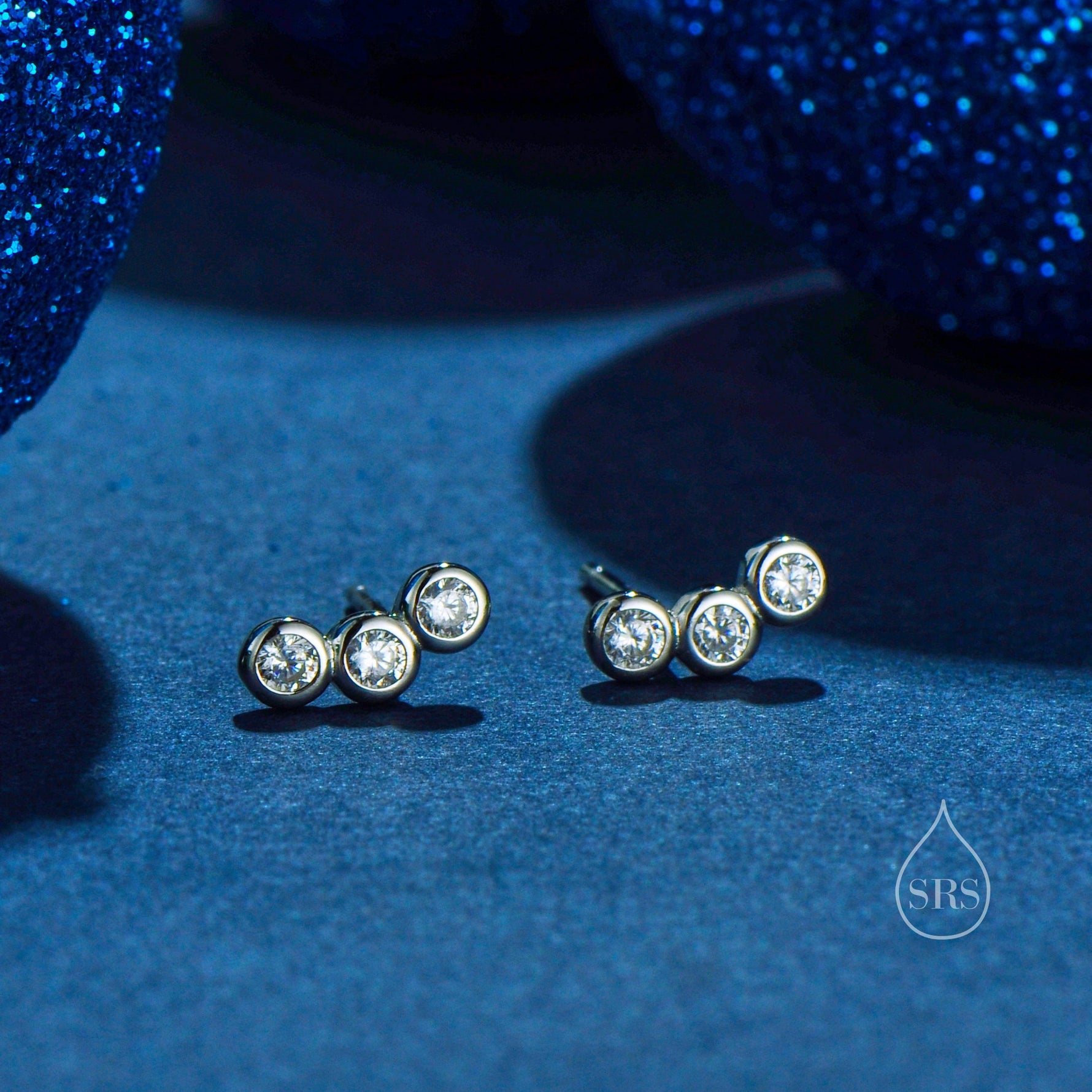 Tiny CZ Trio Stud Earrings in Sterling Silver, Silver, Gold or Rose Gold, Small CZ Earrings, Three CZ Earrings, Pebble Earrings