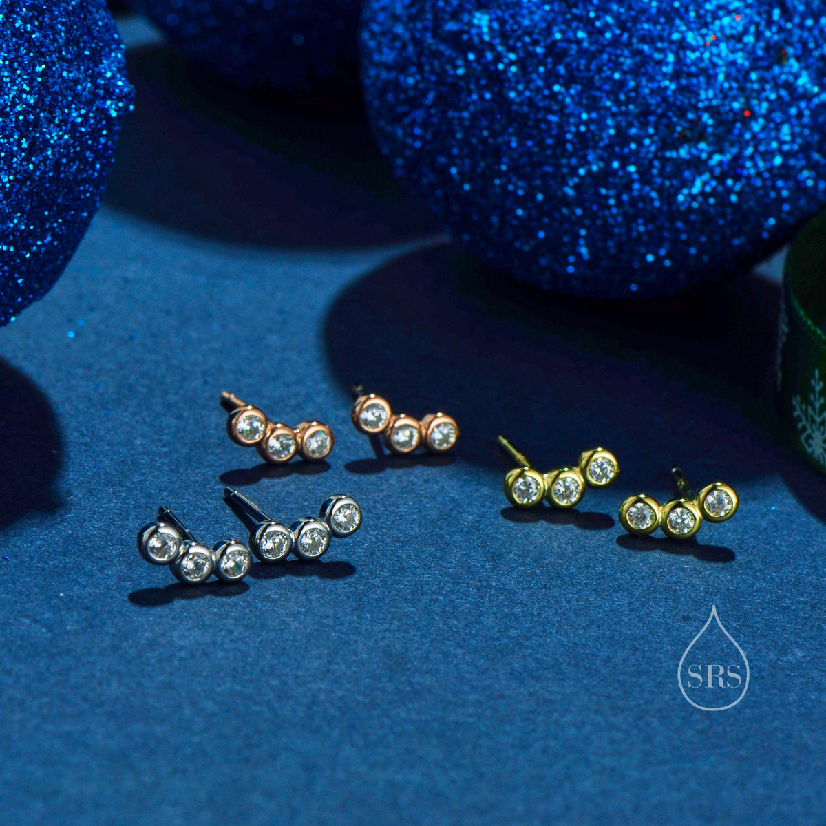 Tiny CZ Trio Stud Earrings in Sterling Silver, Silver, Gold or Rose Gold, Small CZ Earrings, Three CZ Earrings, Pebble Earrings