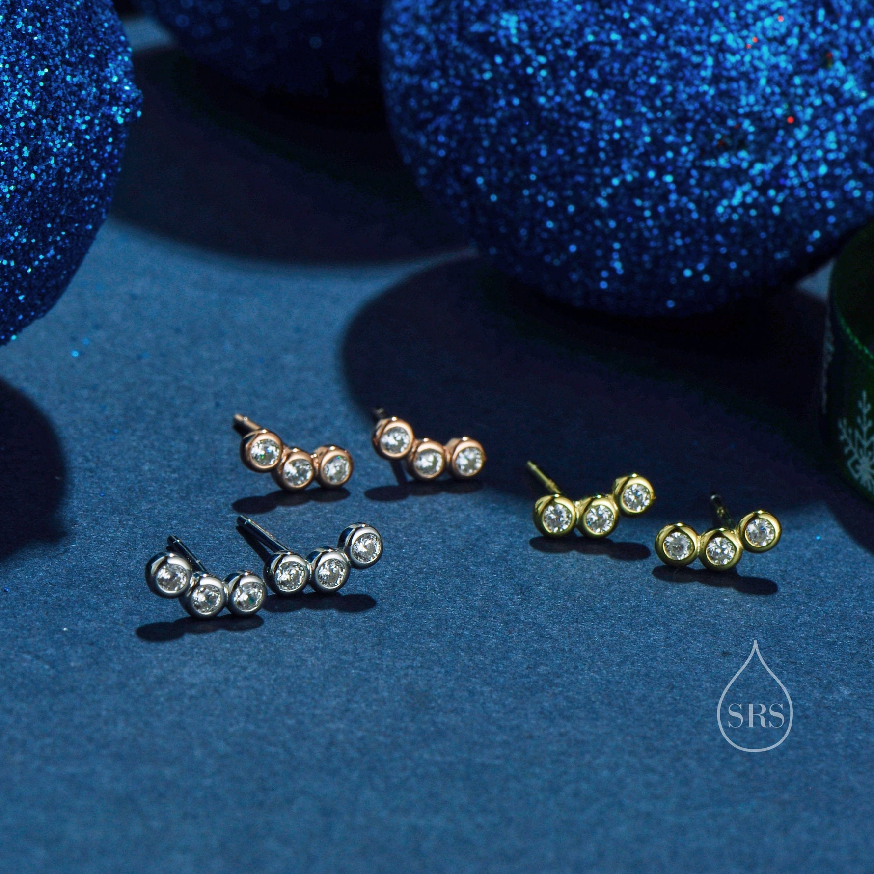 Tiny CZ Trio Stud Earrings in Sterling Silver, Silver, Gold or Rose Gold, Small CZ Earrings, Three CZ Earrings, Pebble Earrings