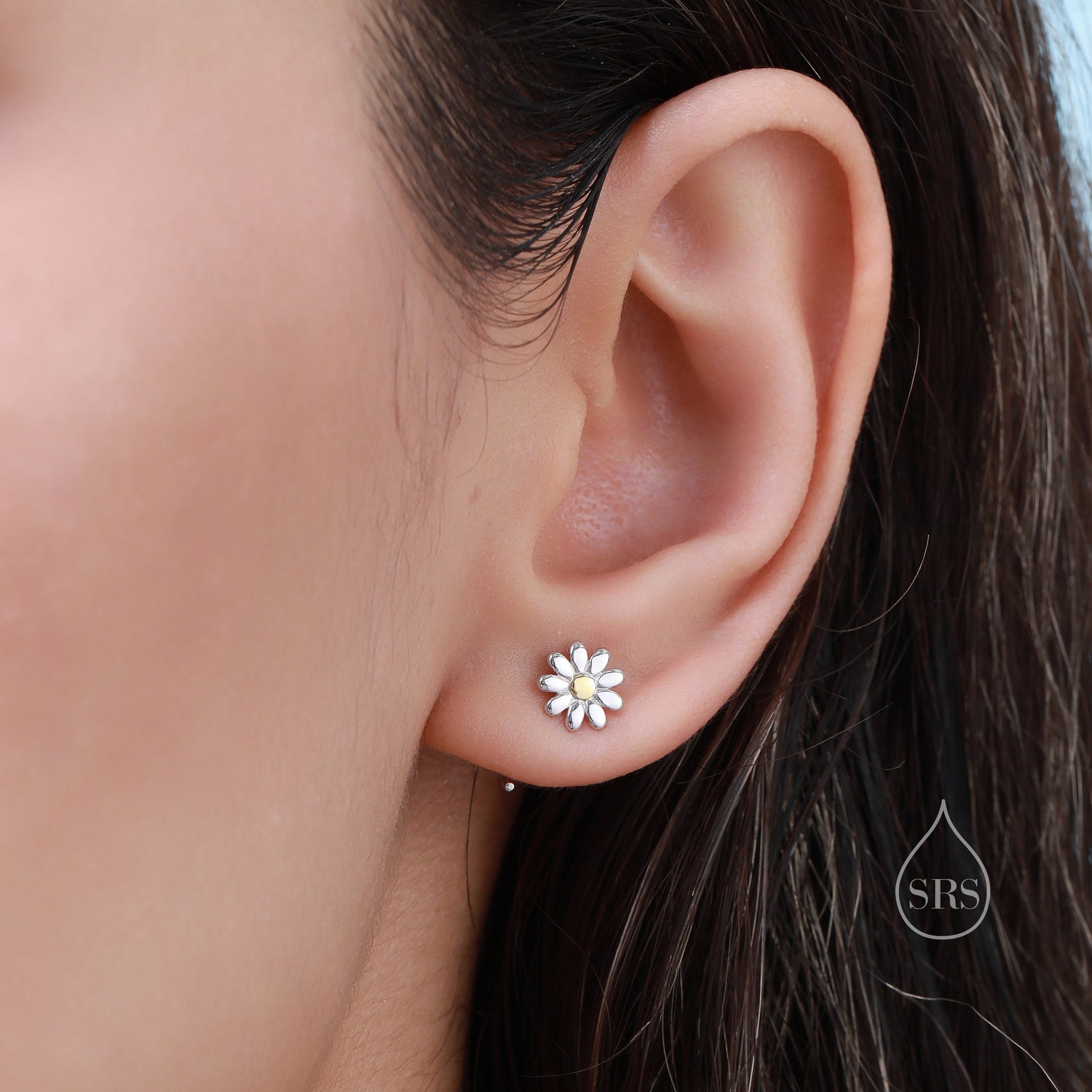 Flower Huggie Hoop Earrings in Sterling Silver, Curved Post Earrings, Open Hoops, Pull-Through Threader Earrings,
