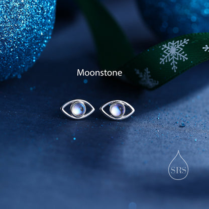 Moonstone Eye Stud Earrings in Sterling Silver, Opal Eye Earrings, Silver or Gold, Evil Eye Earrings, Blue Opal Eye Earrings