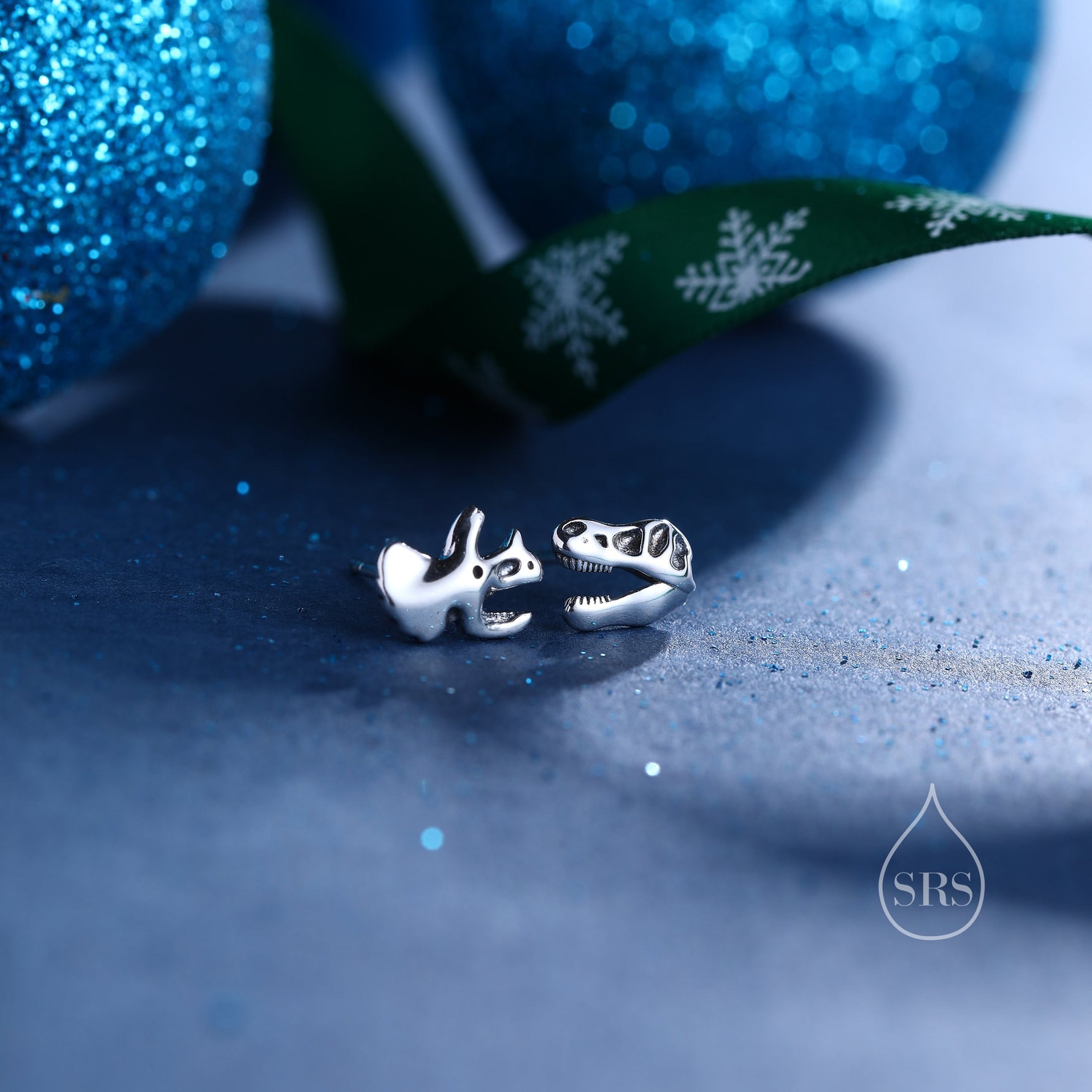 Mismatched Dinosaur Fossil Stud Earrings in Sterling Silver, Oxidised Finish