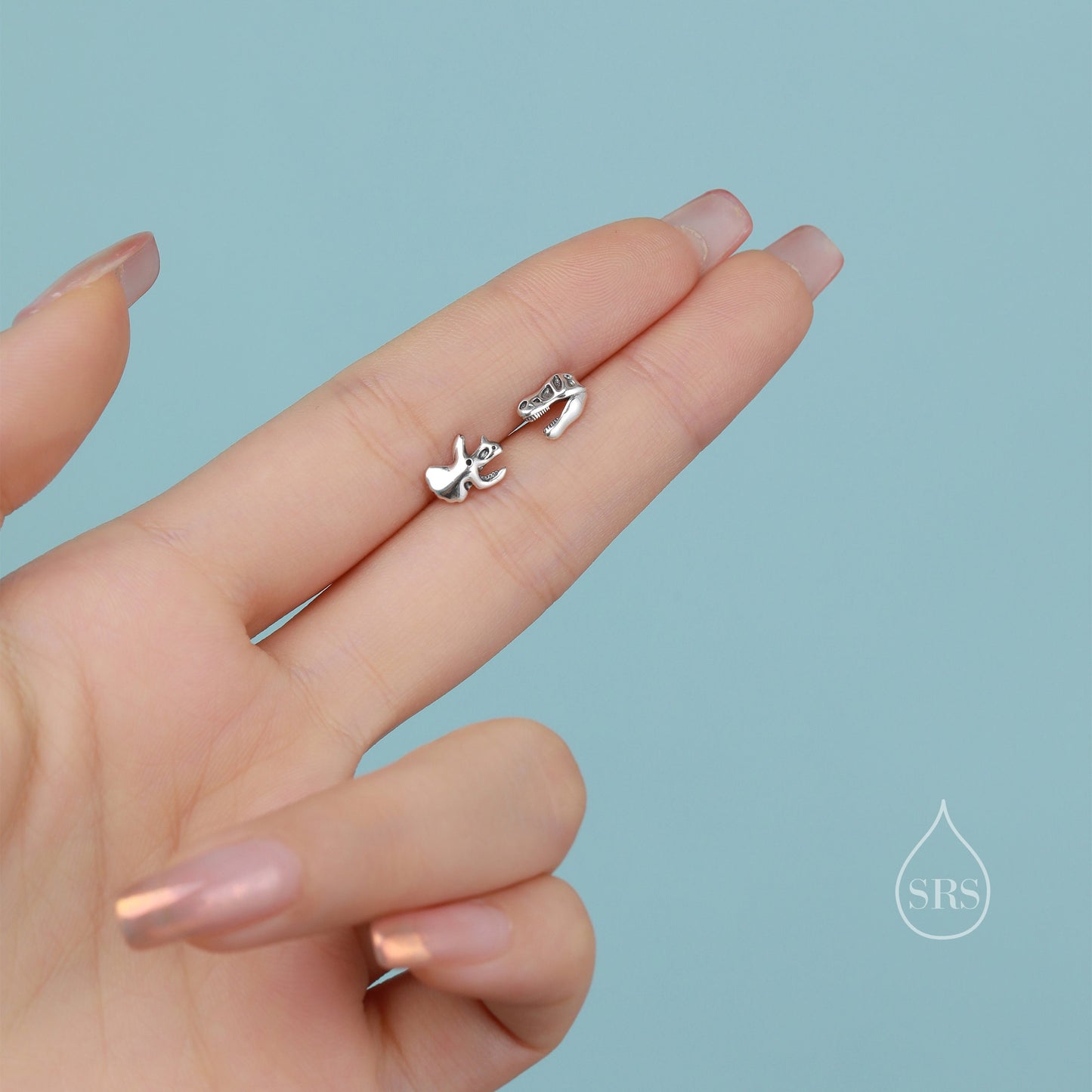 Mismatched Dinosaur Fossil Stud/Screw Back Earrings in Sterling Silver, Oxidised Finish, Quirky Dino Stud, Asymmetric Dinosaur Earrings