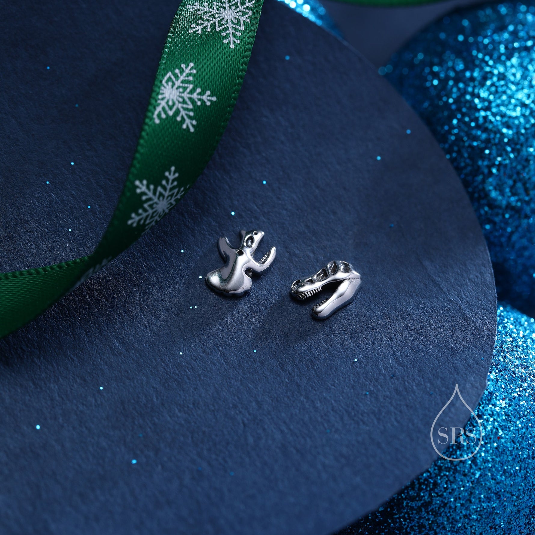 Mismatched Dinosaur Fossil Stud Earrings in Sterling Silver, Oxidised Finish