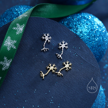 Tiny Neuron Cell Stud Earrings in Sterling Silver, Silver or Gold, Neurone Cell Earrings, Nerve Cells Earrings, Brain Earrings