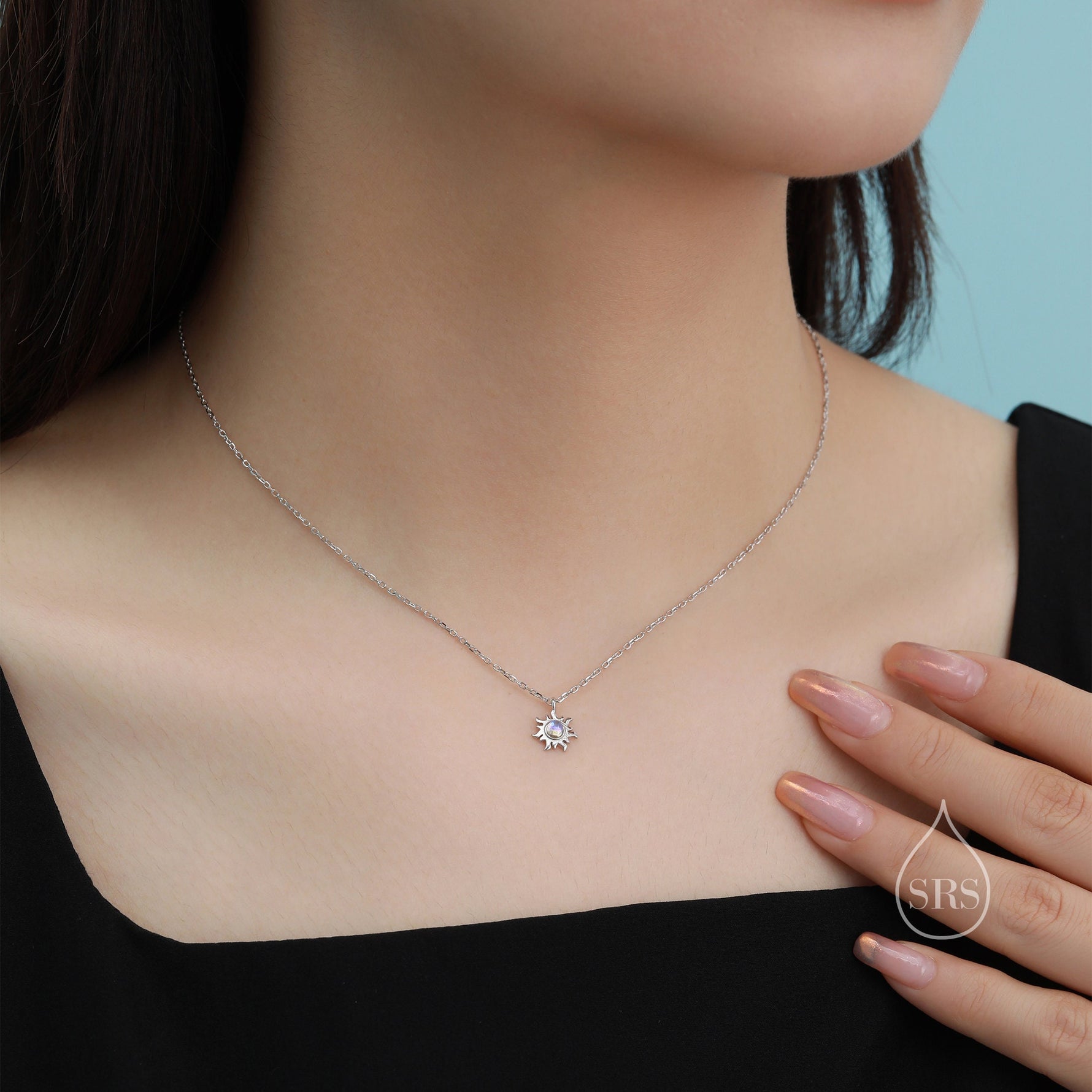 Tiny Moonstone Sun Pendant Necklace in Sterling Silver, Sun Necklace, Extra Tiny Sun Necklace, Lab Moonstone Sun Pendant, Celestial Jewelry