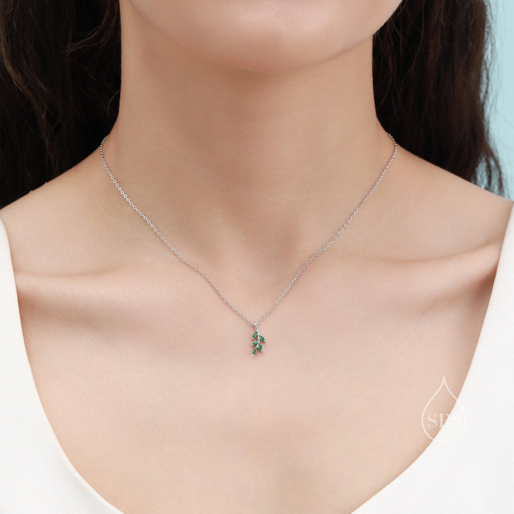 Tiny Little Emerald Green CZ Leaf Pendant Necklace in Sterling Silver, Olive Leaf Necklace, Olive Branch Necklace, Nature Inspired