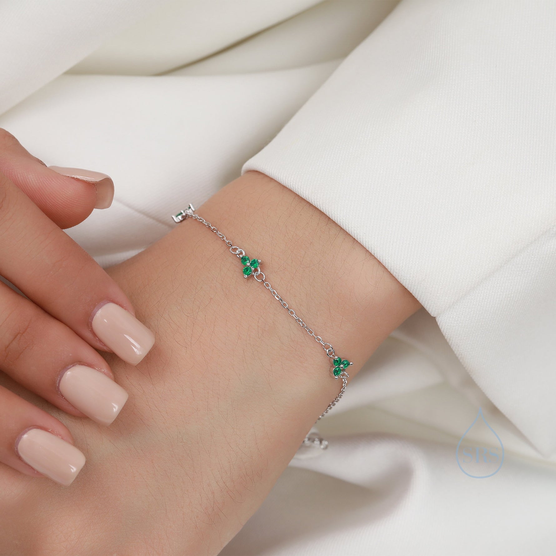 Tiny CZ Trio Bracelet in Sterling Silver, Silver or Gold , Tiny trefoil Emerald Green and clear Bracelet, CZ Three Crystal Bracelet