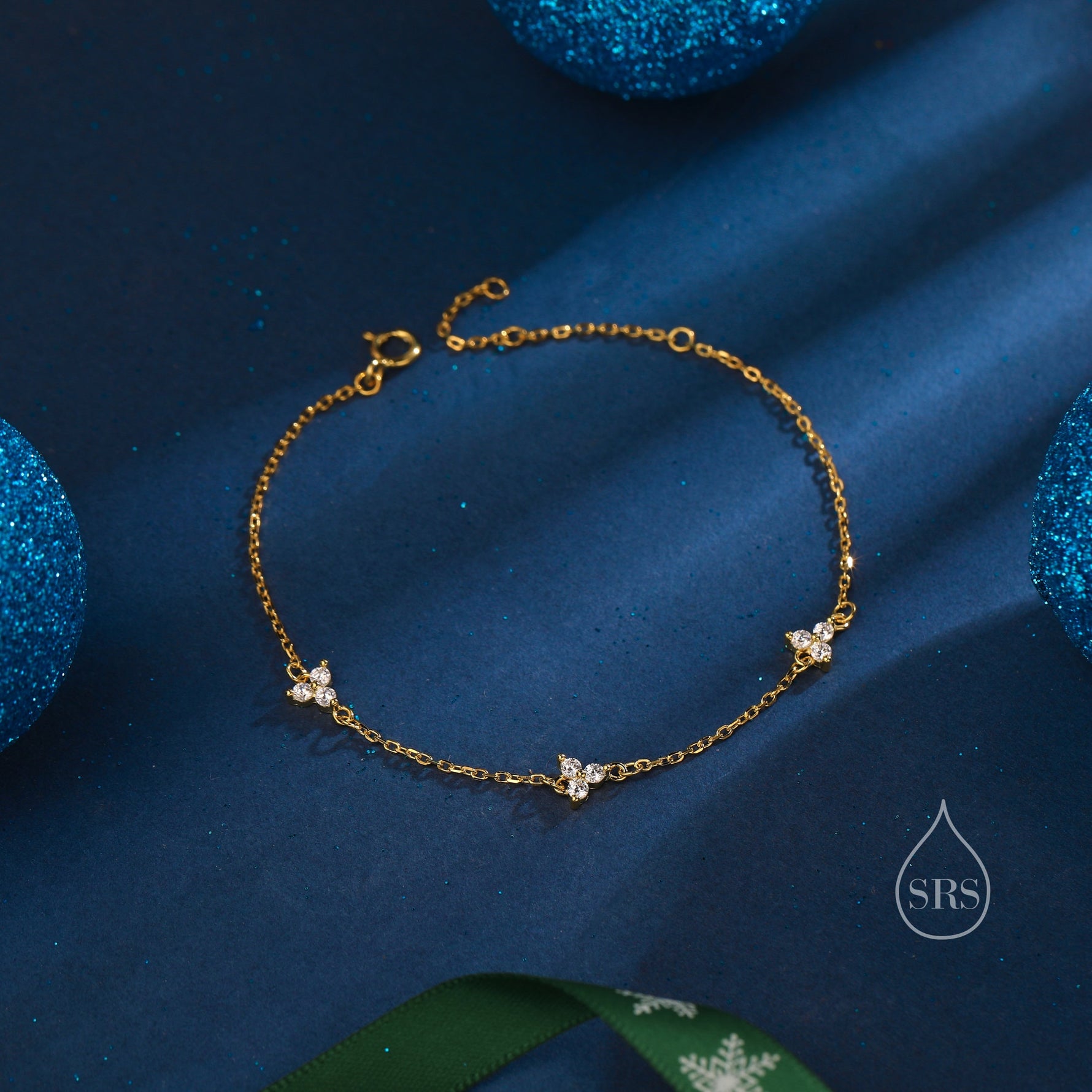 Tiny CZ Trio Bracelet in Sterling Silver, Silver or Gold , Tiny trefoil Emerald Green and clear Bracelet, CZ Three Crystal Bracelet