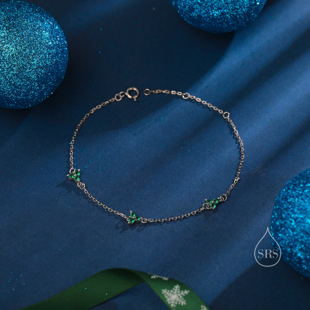 Tiny CZ Trio Bracelet in Sterling Silver, Silver or Gold , Tiny trefoil Emerald Green and clear Bracelet, CZ Three Crystal Bracelet