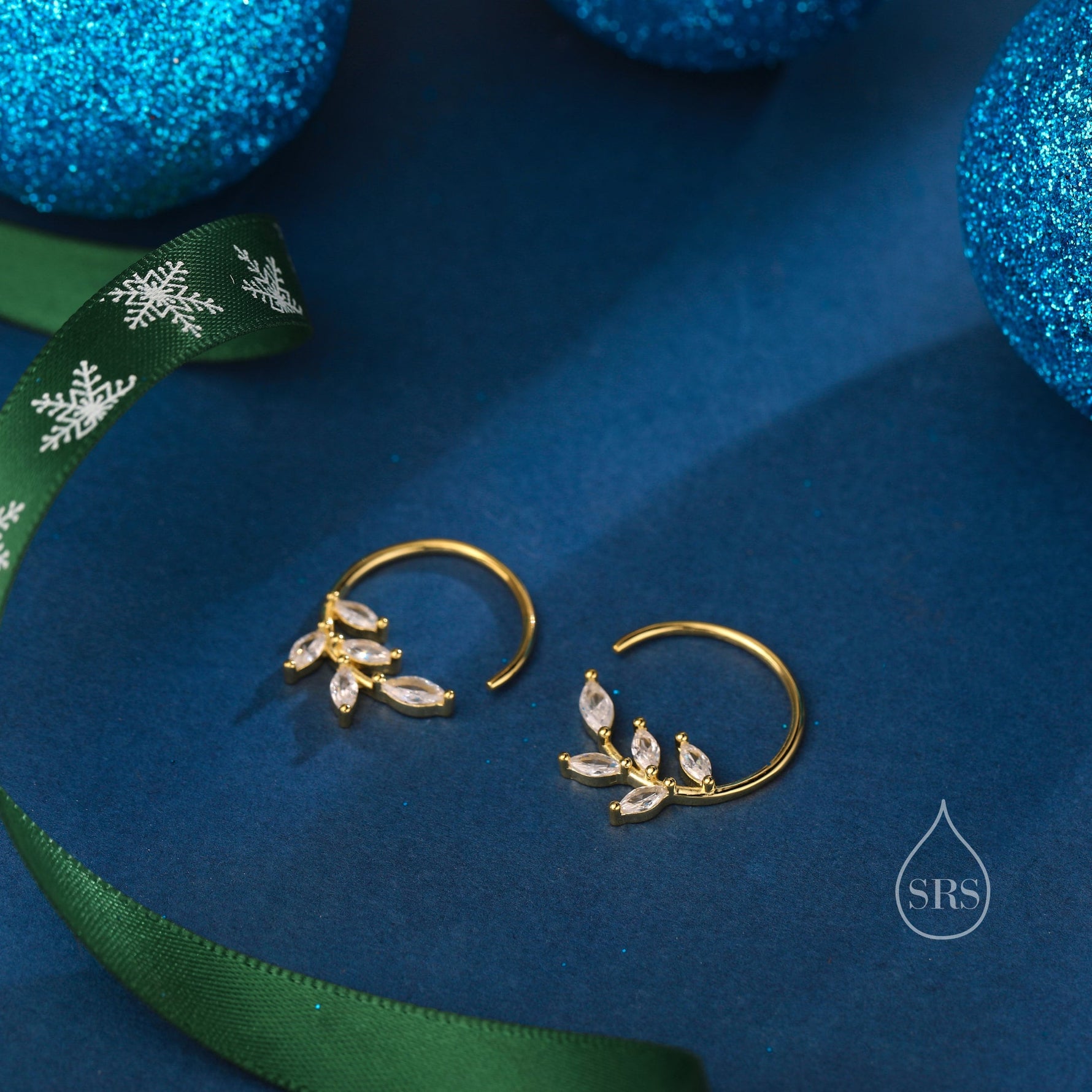 CZ Leaf Open Hoop Earrings in Sterling Silver, Olive Branch Threader Hoop Earrings, Silver or Gold, Clear CZ or Emerald Green, Large Hoops