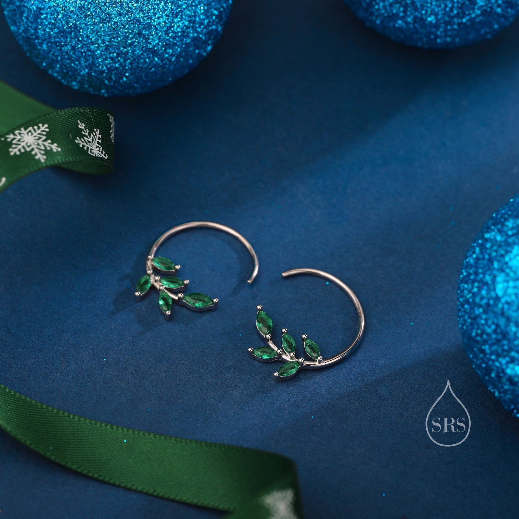 CZ Leaf Open Hoop Earrings in Sterling Silver, Olive Branch Threader Hoop Earrings, Silver or Gold, Clear CZ or Emerald Green, Large Hoops