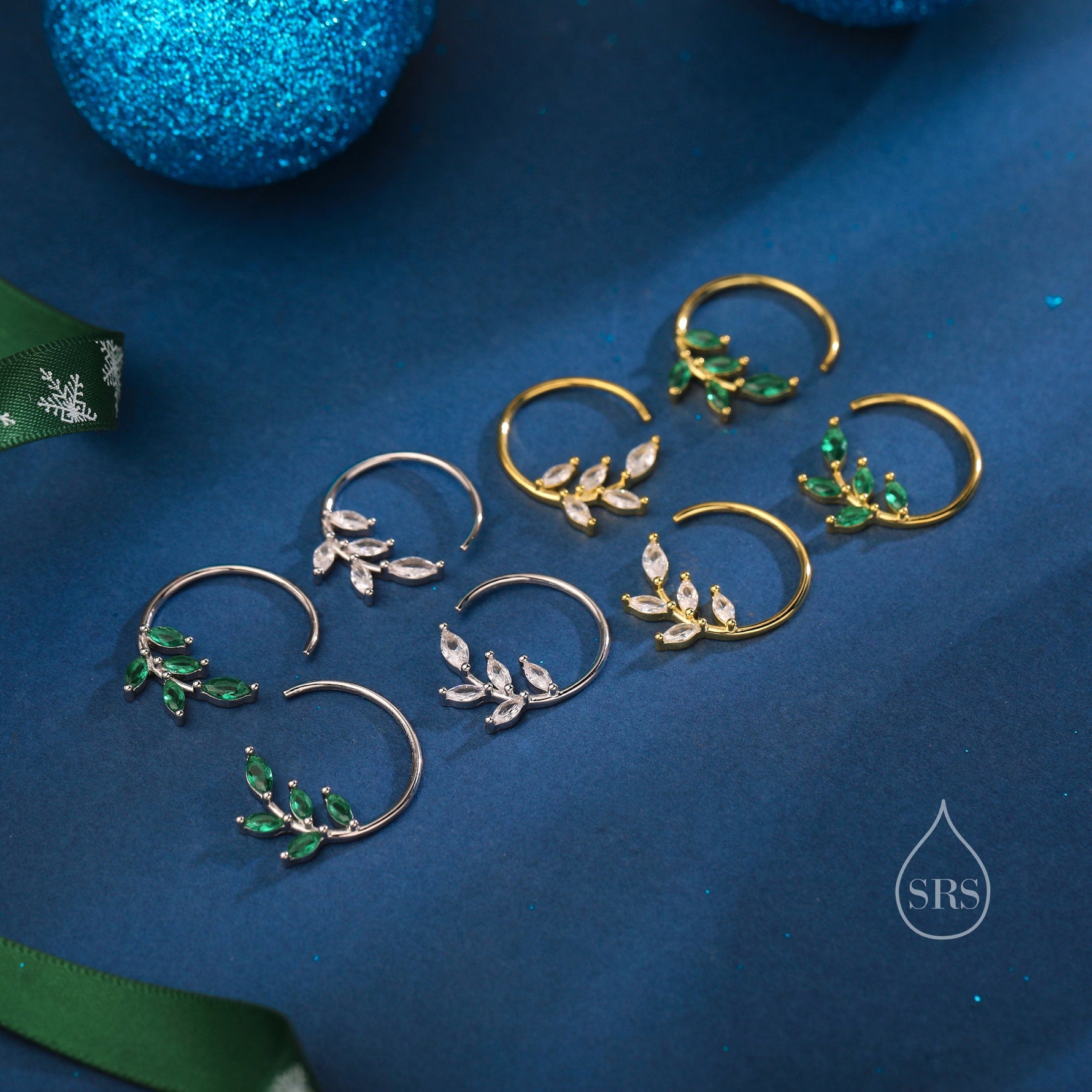 CZ Leaf Open Hoop Earrings in Sterling Silver, Olive Branch Threader Hoop Earrings, Silver or Gold, Clear CZ or Emerald Green, Large Hoops