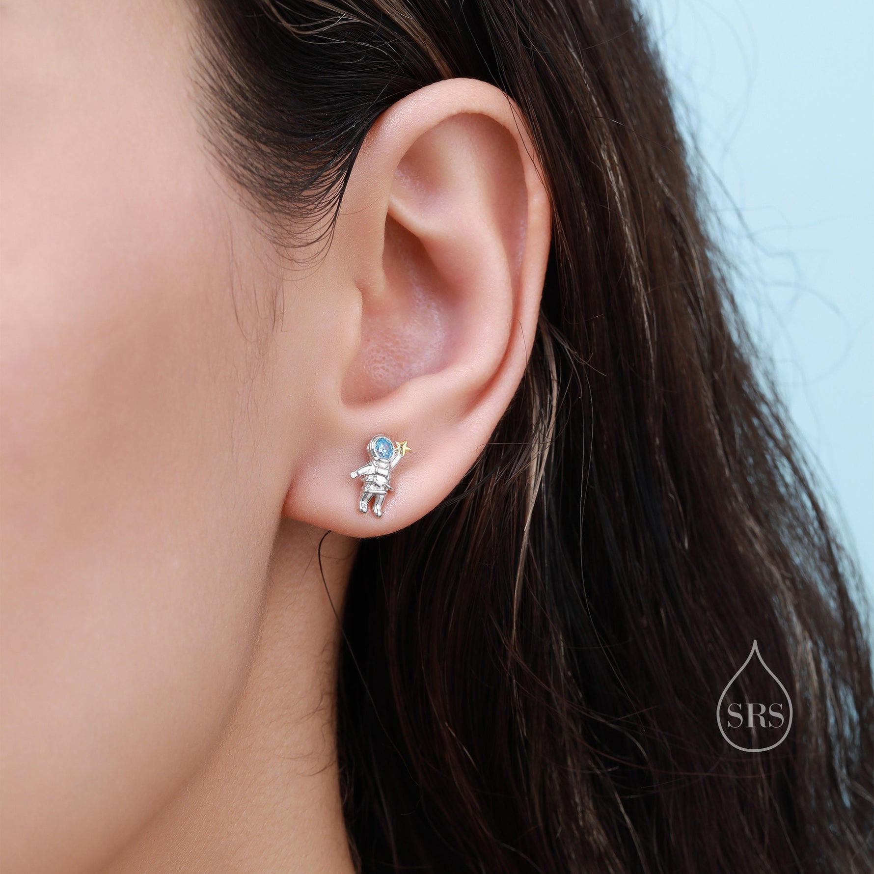 Mismatched Blue CZ Astronaut Moon and Star Stud Earrings in Sterling Silver