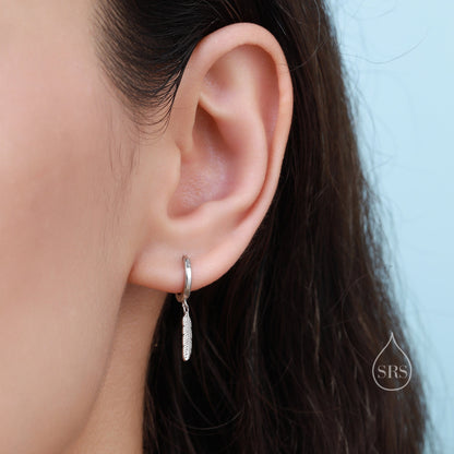 Sterling Silver Tiny Feather Huggie Hoops, Feather Hoop Earrings, Dainty Dangle Earrings, Feather Earrings