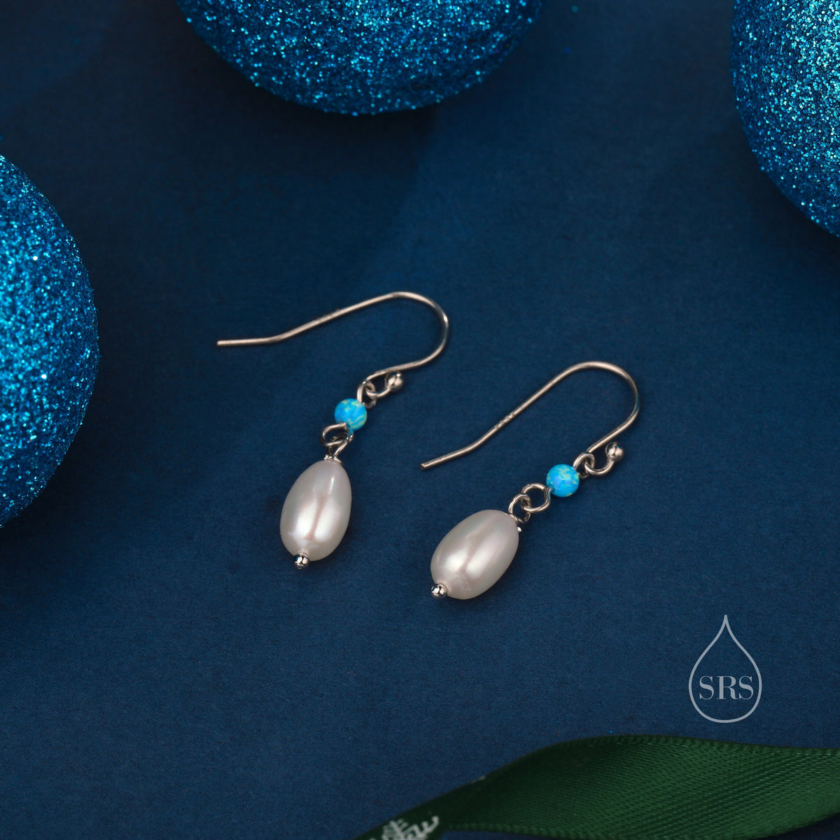 Genuine Freshwater Pearl and Blue Opal Drop Earrings in Sterling Silver, Delicate Keshi Pearl and Opal Earrings, Genuine Freshwater Pearls