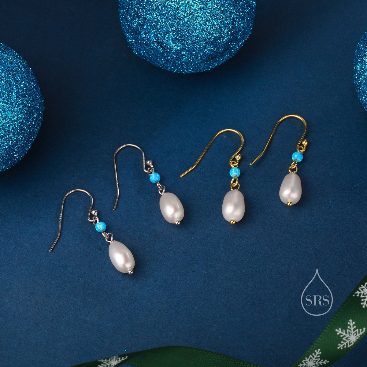 Genuine Freshwater Pearl and Blue Opal Drop Earrings in Sterling Silver, Delicate Keshi Pearl and Opal Earrings, Genuine Freshwater Pearls