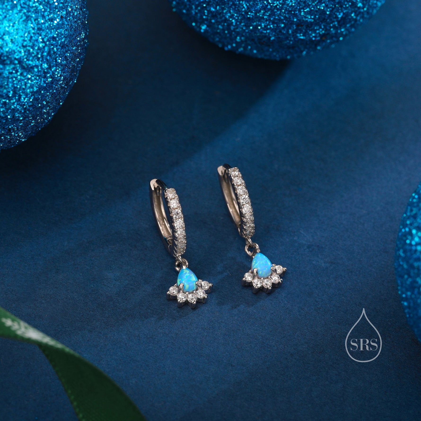 Sterling Silver Opal and CZ Crown Huggie Hoops, CZ Opal Fan Shape Hoop Earrings, Dainty Dangle Earrings, Blue Opal Earrings