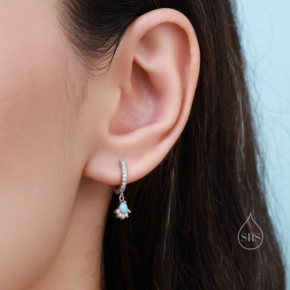 Sterling Silver Opal and CZ Crown Huggie Hoops, CZ Opal Fan Shape Hoop Earrings, Dainty Dangle Earrings, Blue Opal Earrings
