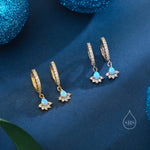 Sterling Silver Opal and CZ Crown Huggie Hoops, CZ Opal Fan Shape Hoop Earrings, Dainty Dangle Earrings, Blue Opal Earrings