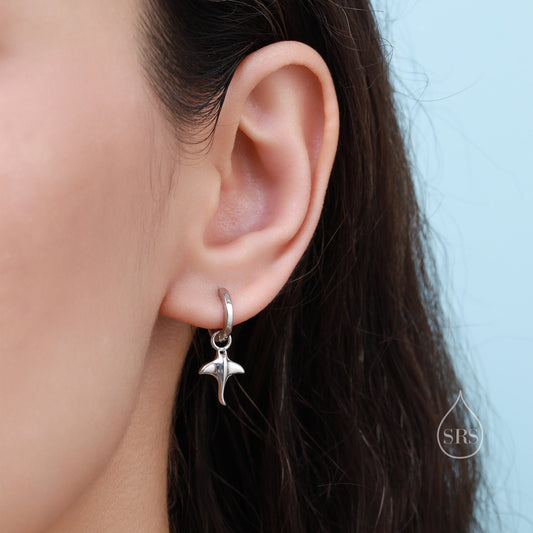 Sterling Silver Manta Ray Fish Huggie Hoop Earrings, Stingray Dangle Hoop Earrings, Dainty Fish Dangle Earrings