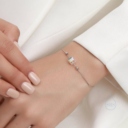 Sterling Silver Aurora Borealis AB Crystal Bracelet, Cube Crystal Bracelet, Sigle Crystal Cube Bracelet, Dainty and Delicate