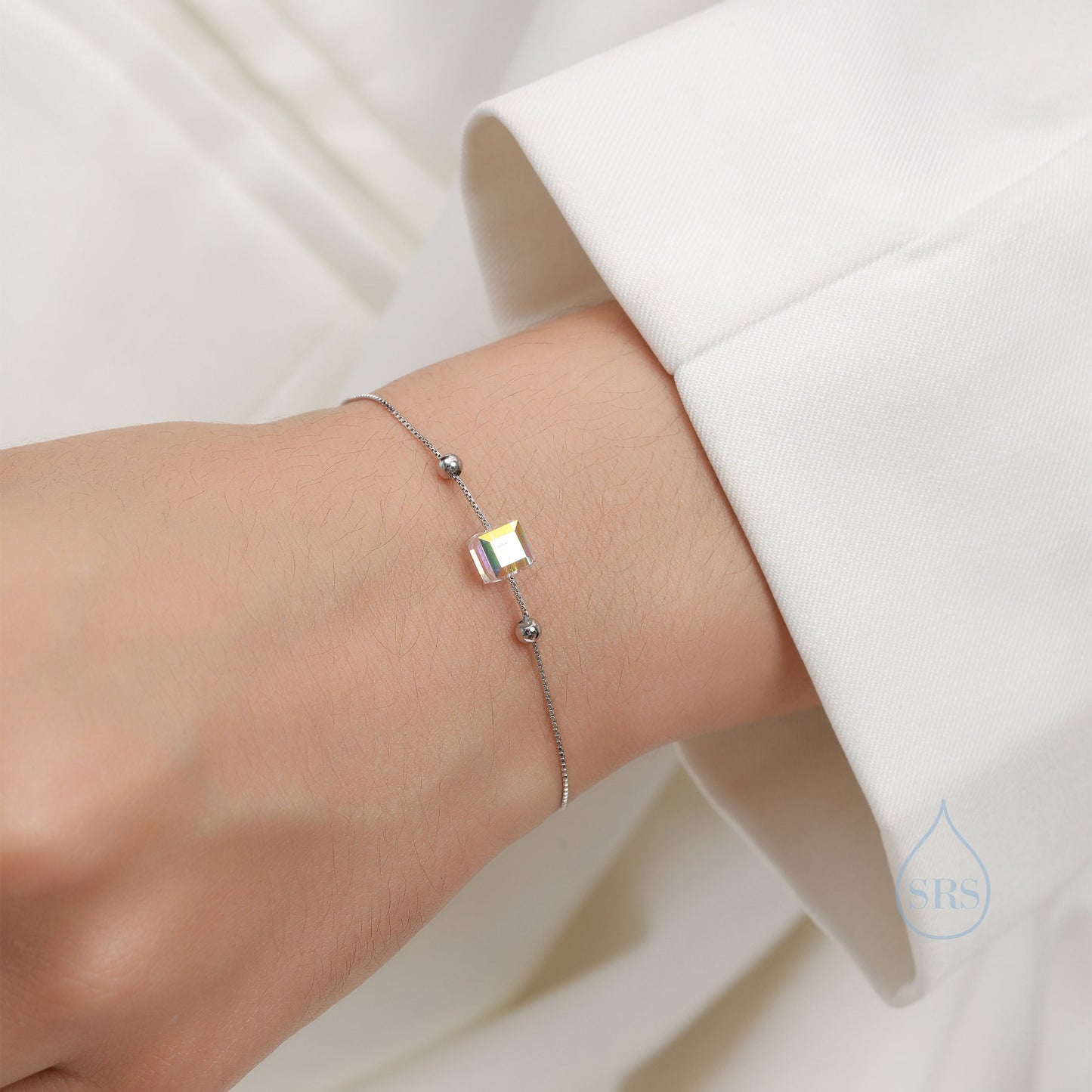 Sterling Silver Aurora Borealis AB Crystal Bracelet, Cube Crystal Bracelet, Sigle Crystal Cube Bracelet, Dainty and Delicate