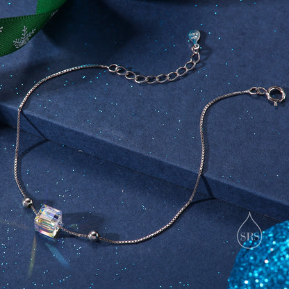 Sterling Silver Aurora Borealis AB Crystal Bracelet, Cube Crystal Bracelet, Sigle Crystal Cube Bracelet, Dainty and Delicate