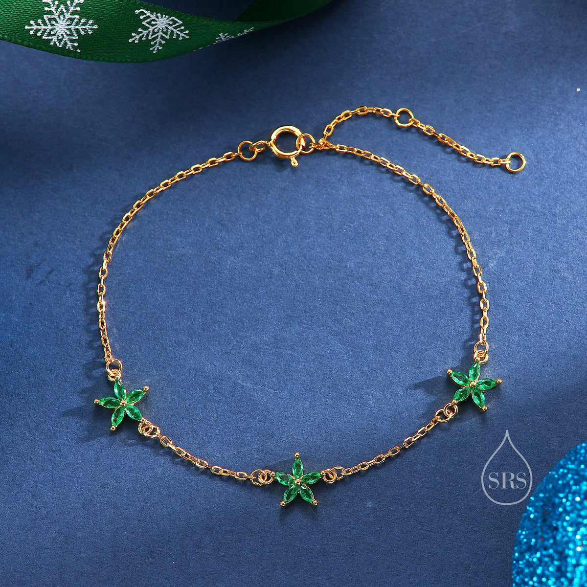 Tiny CZ Flower Bracelet in Sterling Silver, Silver or Gold , Available in 4 Colours, Silver or Gold, Marquise Flower Bracelet