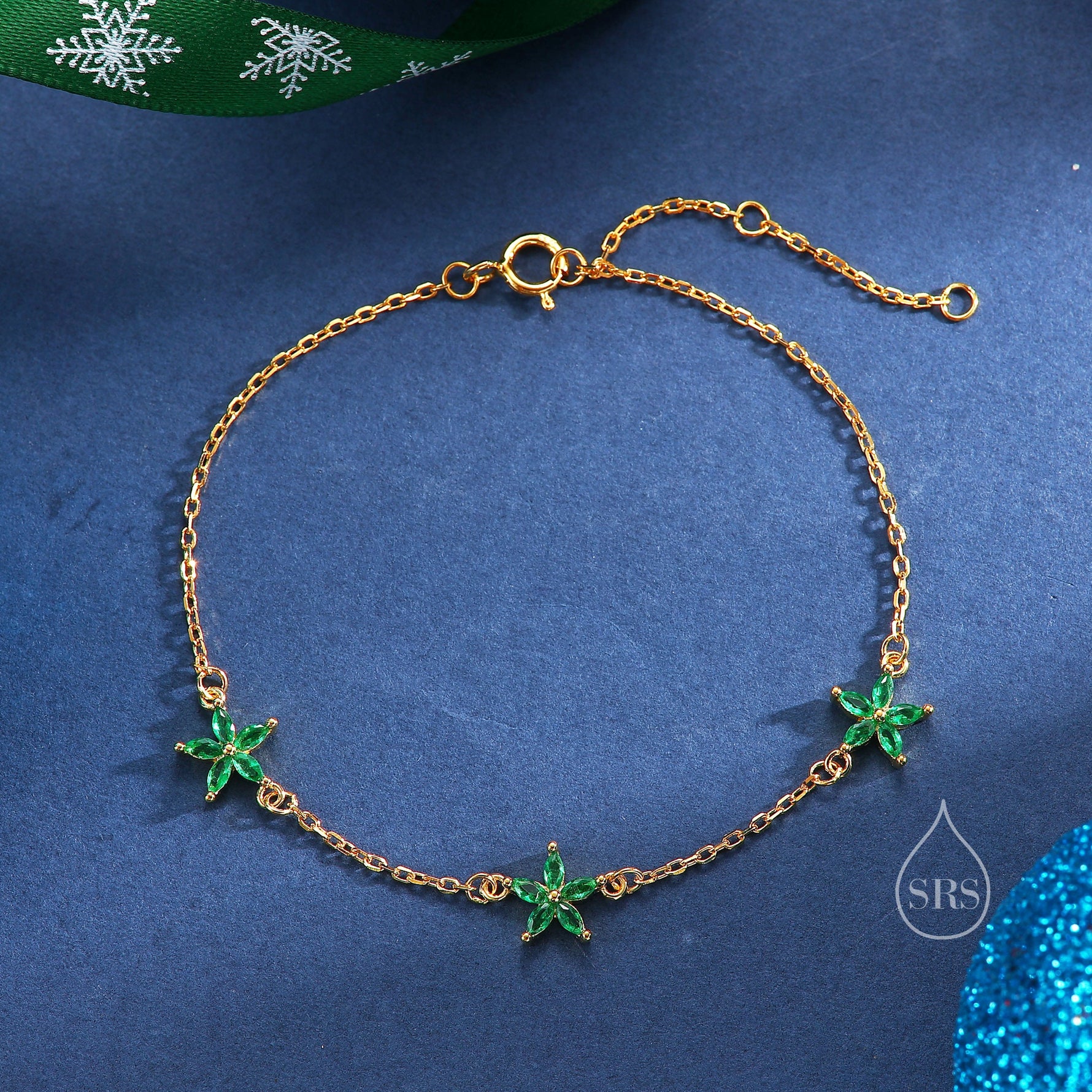 Tiny CZ Flower Bracelet in Sterling Silver, Silver or Gold , Available in 4 Colours, Silver or Gold, Marquise Flower Bracelet