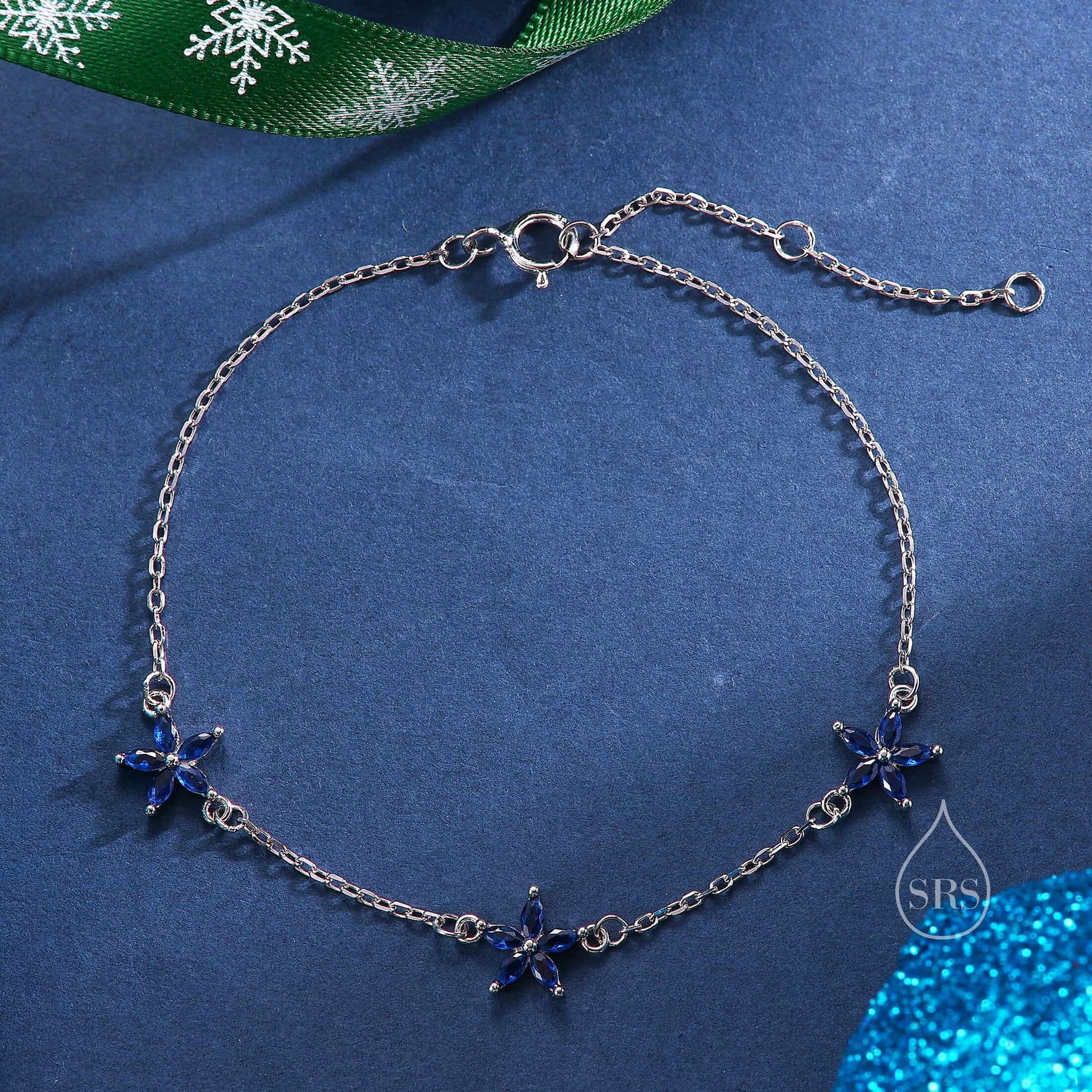 Tiny CZ Flower Bracelet in Sterling Silver, Silver or Gold , Available in 4 Colours, Silver or Gold, Marquise Flower Bracelet