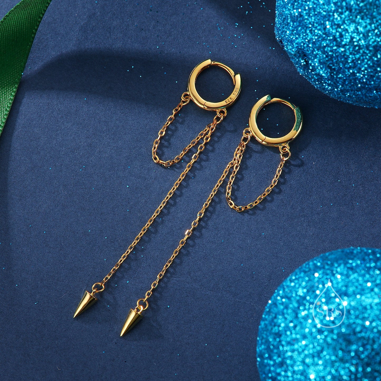 Dangling Spike Chain Huggie Hoop Earrings in Sterling Silver