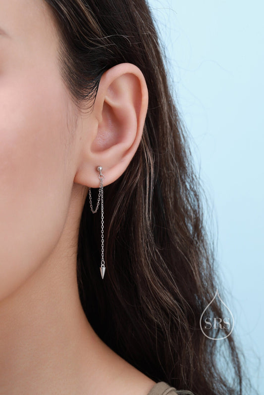 Dangling Spike Chain Drop Stud Earrings in Sterling Silver,  Available in Silver, Gold or Rose Gold, Spike Dangle Earrings, Chain Earrings