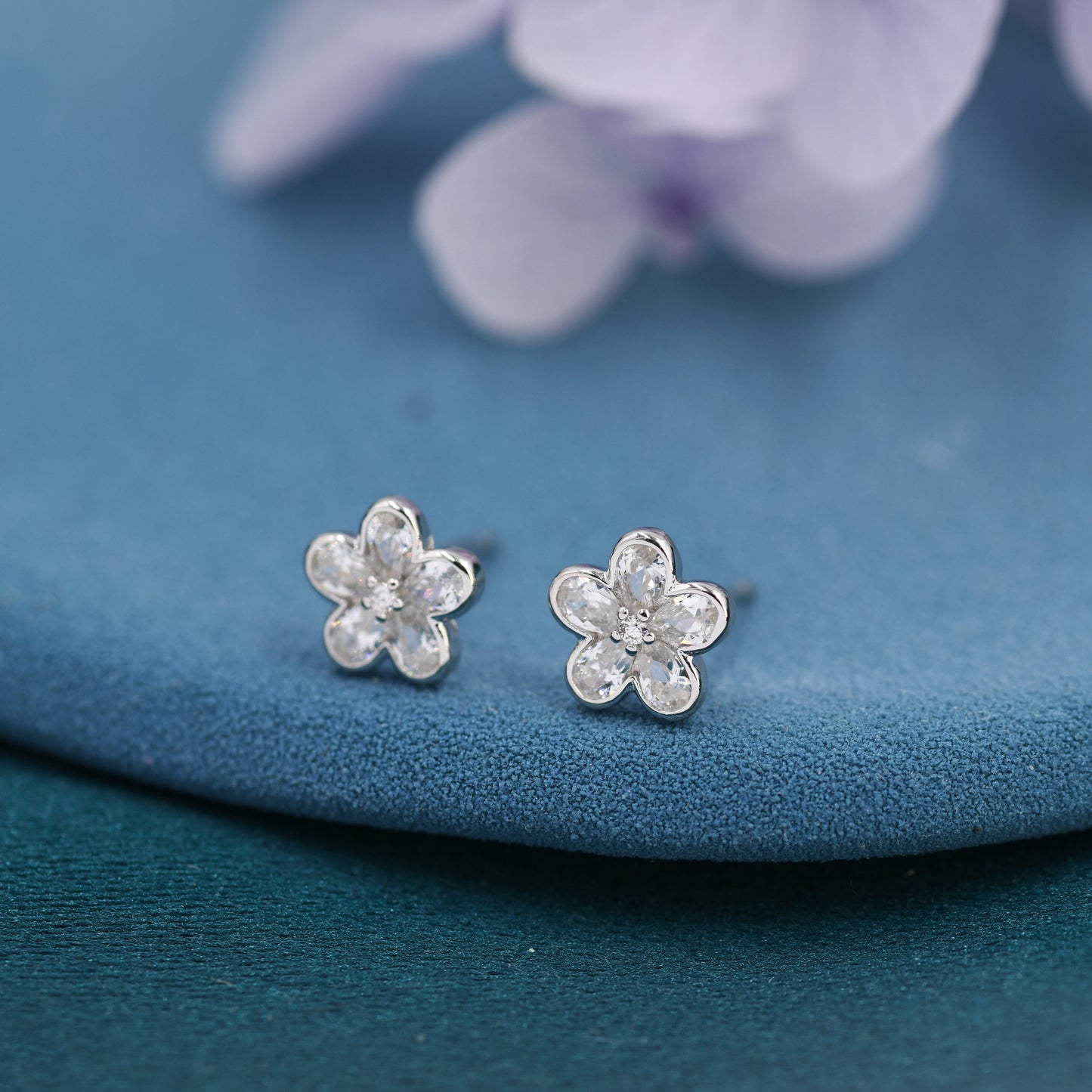 Tiny Flower CZ Stud Earrings in Sterling Silver, Forget Me Not Floral CZ Earrings, Silver or Gold, Flower CZ Earrings, Pear