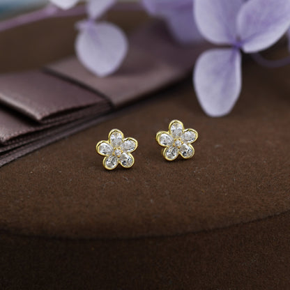 Tiny Flower CZ Stud Earrings in Sterling Silver, Forget Me Not Floral CZ Earrings, Silver or Gold, Flower CZ Earrings, Pear