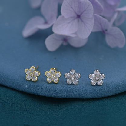 Tiny Flower CZ Stud Earrings in Sterling Silver, Forget Me Not Floral CZ Earrings, Silver or Gold, Flower CZ Earrings, Pear