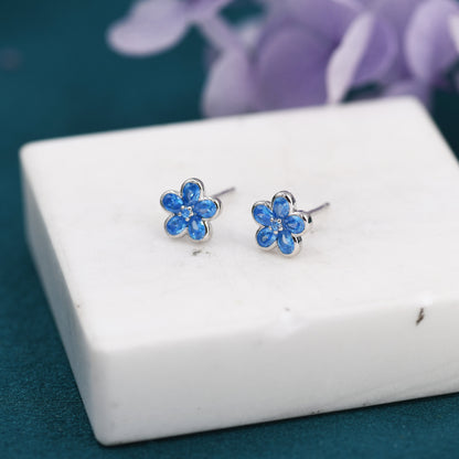Aquamarine Blue Flower CZ Stud Earrings in Sterling Silver, Forget Me Not Floral CZ Earrings, Flower CZ Earrings